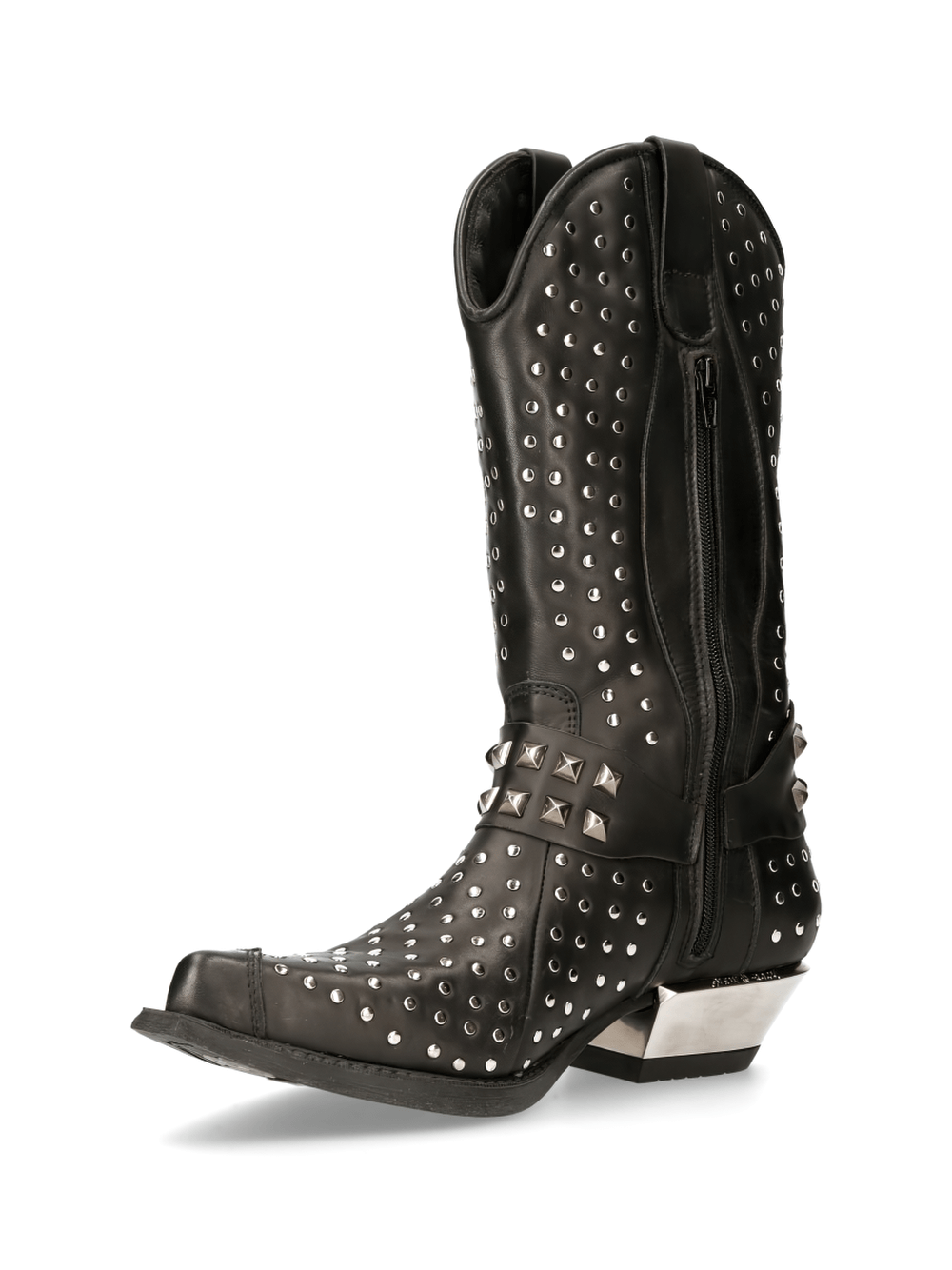 NEW ROCK silver studded leather cowboy boots with a bold design and durable construction for daring fashion.