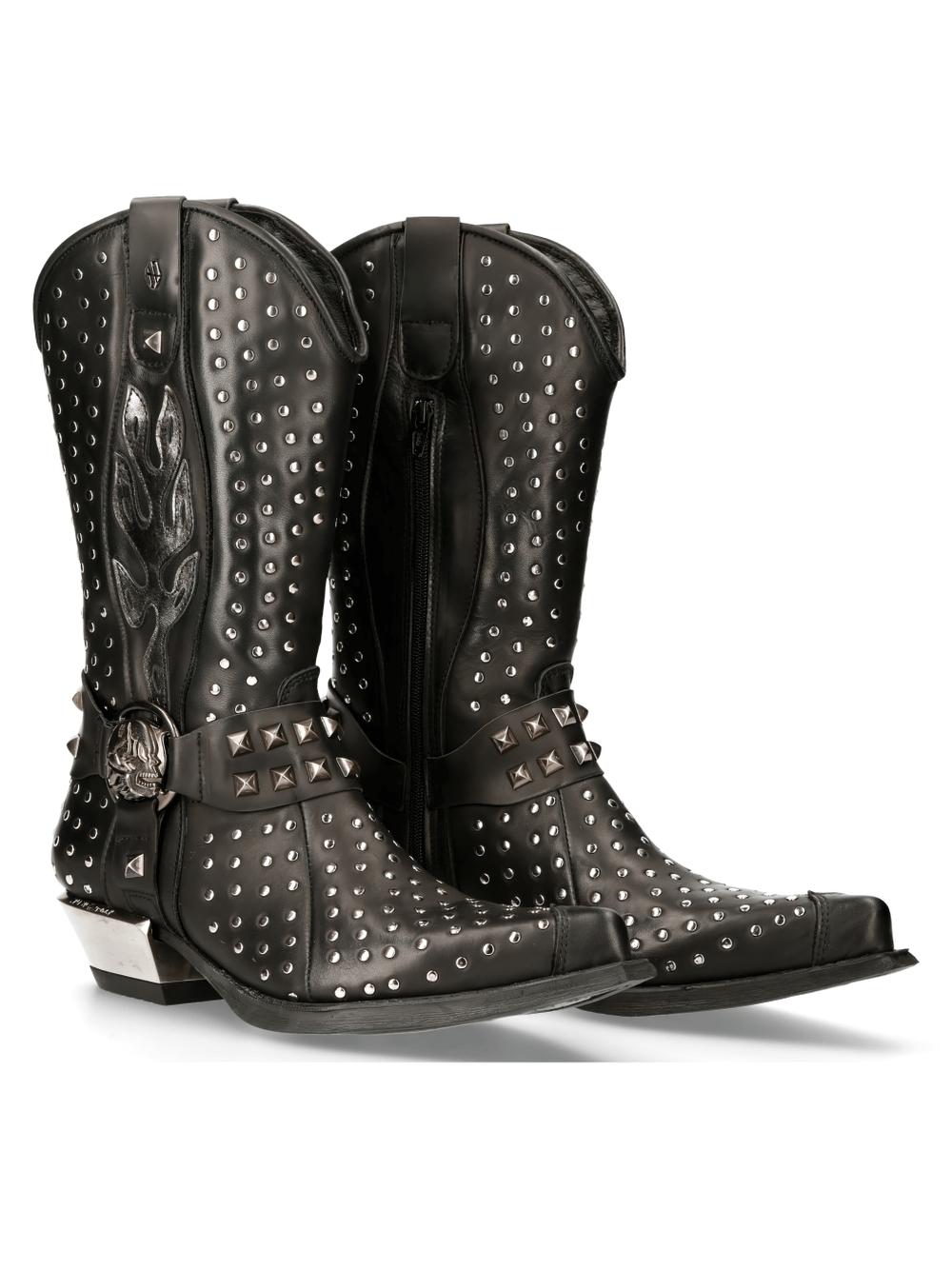 NEW ROCK Men's Silver Studded Leather Western Style Boots with a unique design for bold fashion statements.