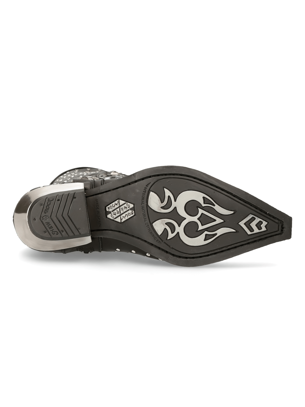 Sole view of NEW ROCK silver studded leather cowboy boots showcasing durable construction and unique design details.