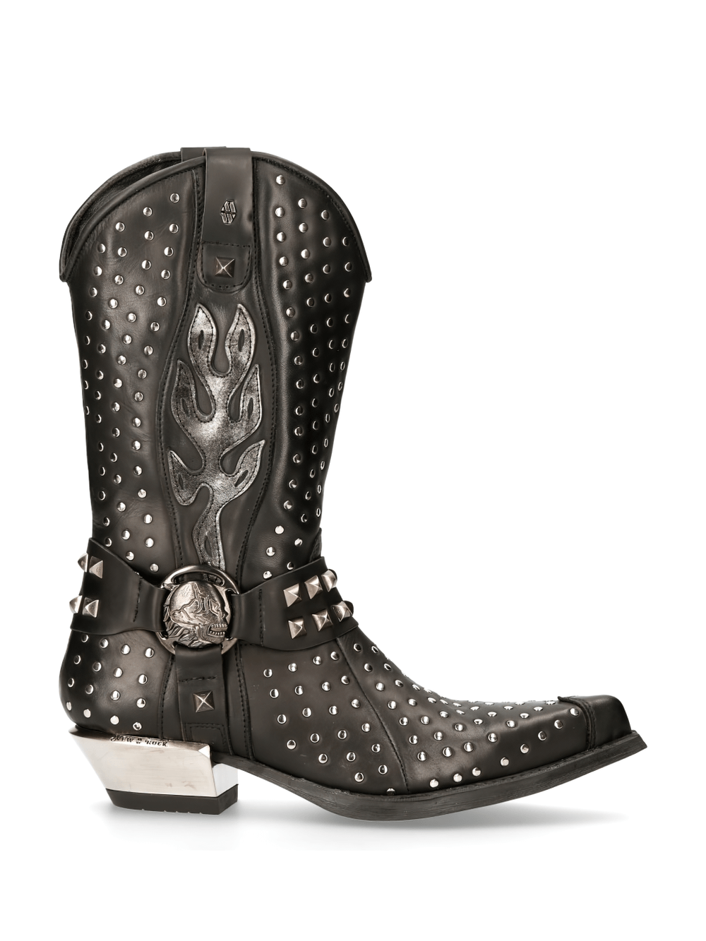 NEW ROCK Men's Silver Studded Leather Western Boots with bold details and a unique design, perfect for daring styles.