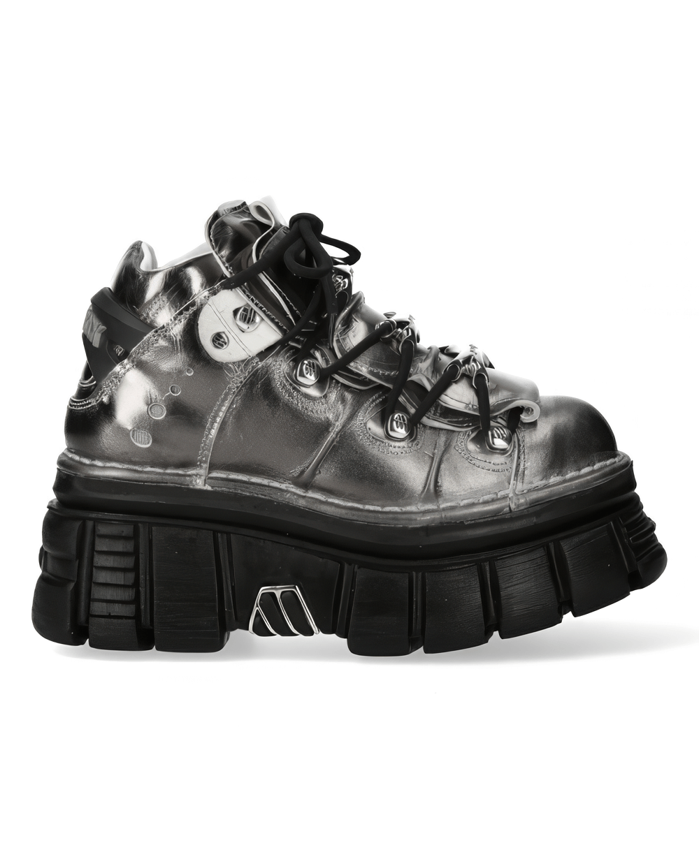 Stylish NEW ROCK silver men's ankle boots with metal accents, featuring a rock-inspired design and chunky sole.