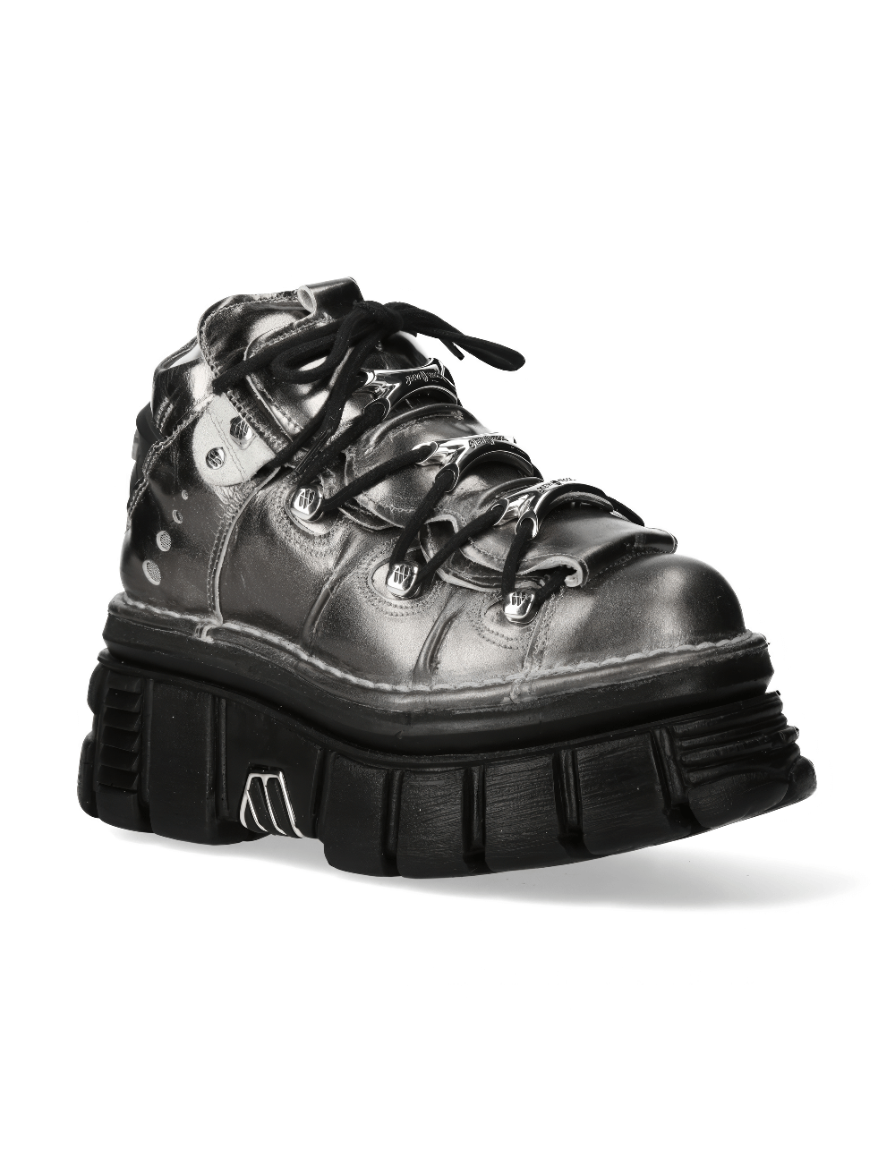 Silver men's ankle boots with metal accents, lace-up design and chunky sole for a bold rock style.