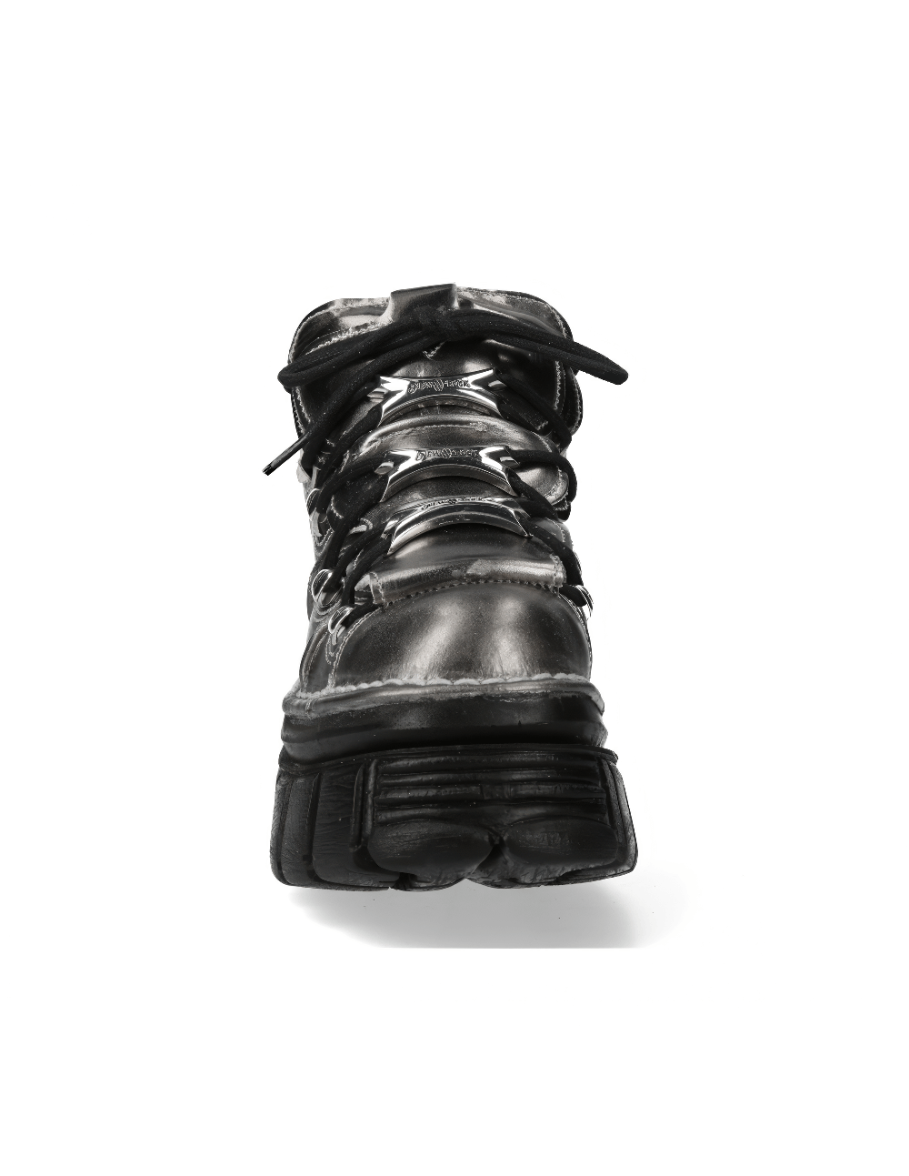 Front view of NEW ROCK silver men's ankle boots with lace-up design and edgy rock-inspired style.