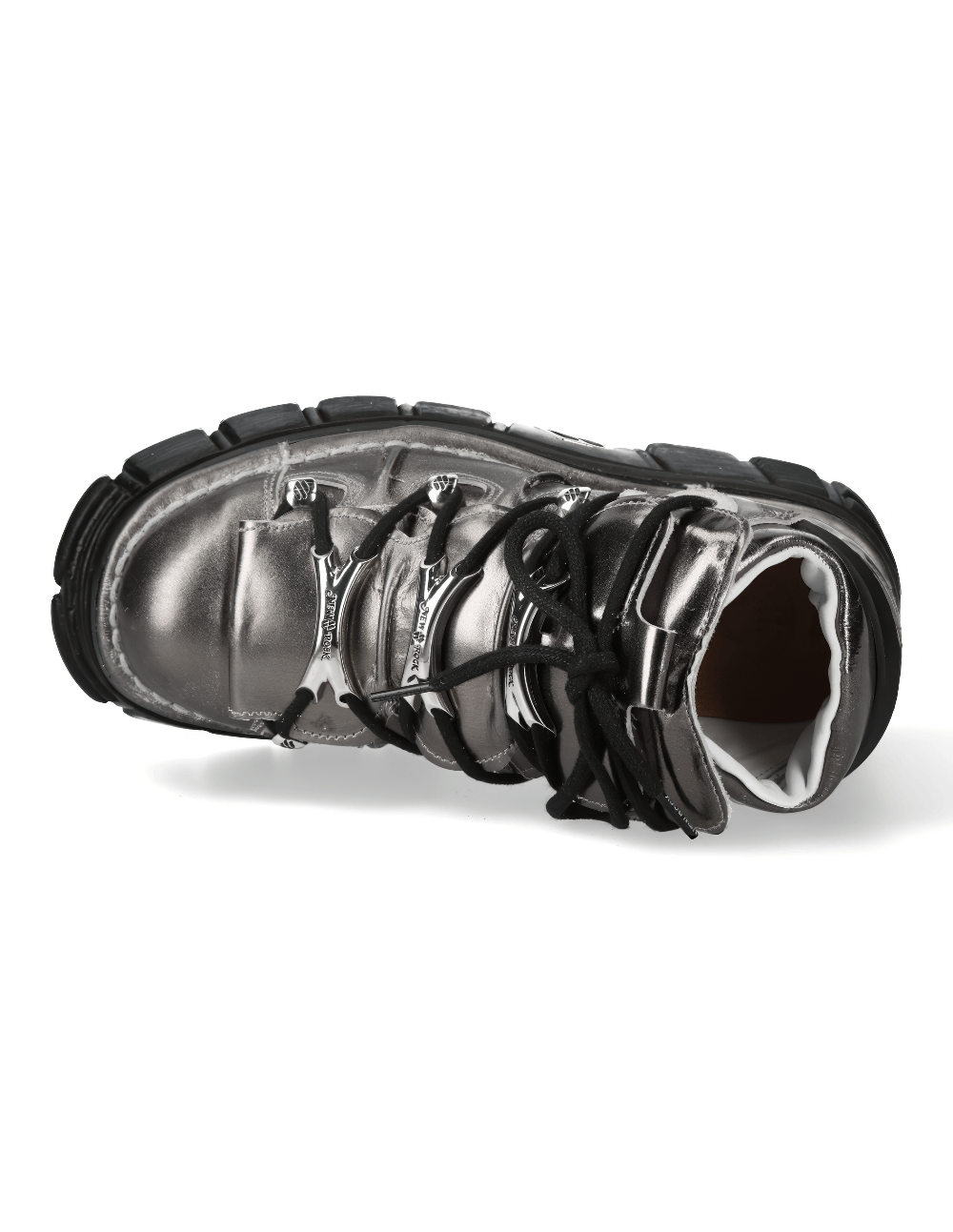 Silver men's lace-up ankle boot with metal accents and durable sole, showcasing a rock-inspired design.