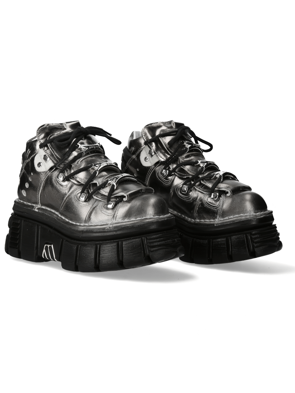Silver men's ankle boots with metal accents, lace-up design, and durable PU-ultra sole for an edgy rock style.