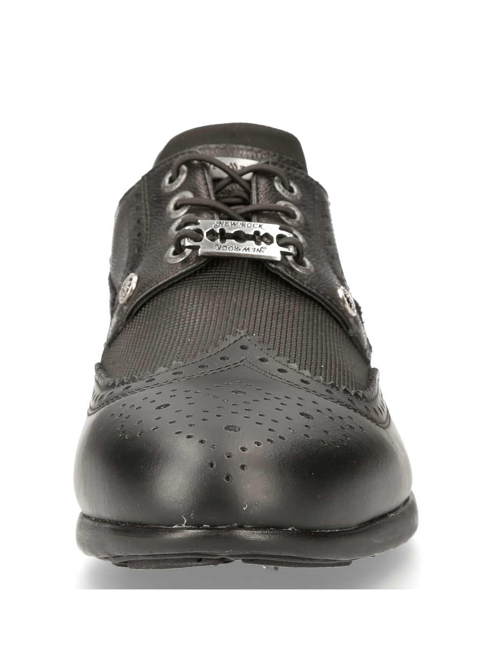 Front view of sleek black leather lace-up athletic shoes, stylish design for urban fashion enthusiasts.