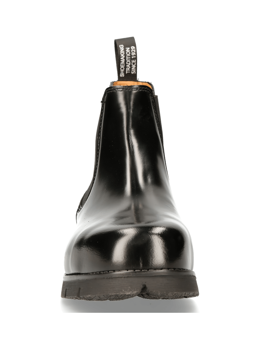 Front view of NEW ROCK black military ankle boots with steel toe, showcasing glossy leather and elastic clasps.