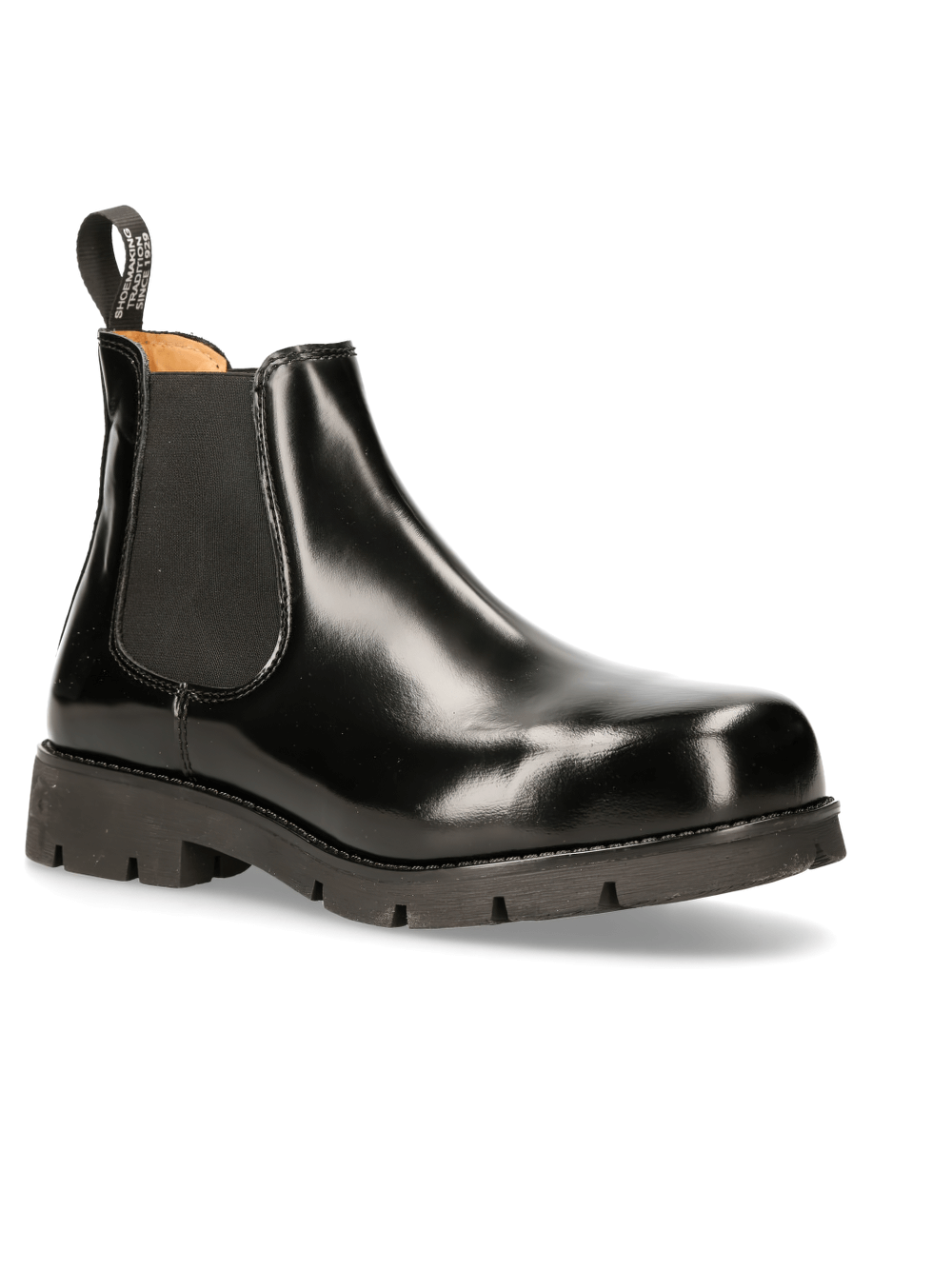 Sleek black military ankle boots with steel toes and elastic clasps, perfect for punk and gothic style.