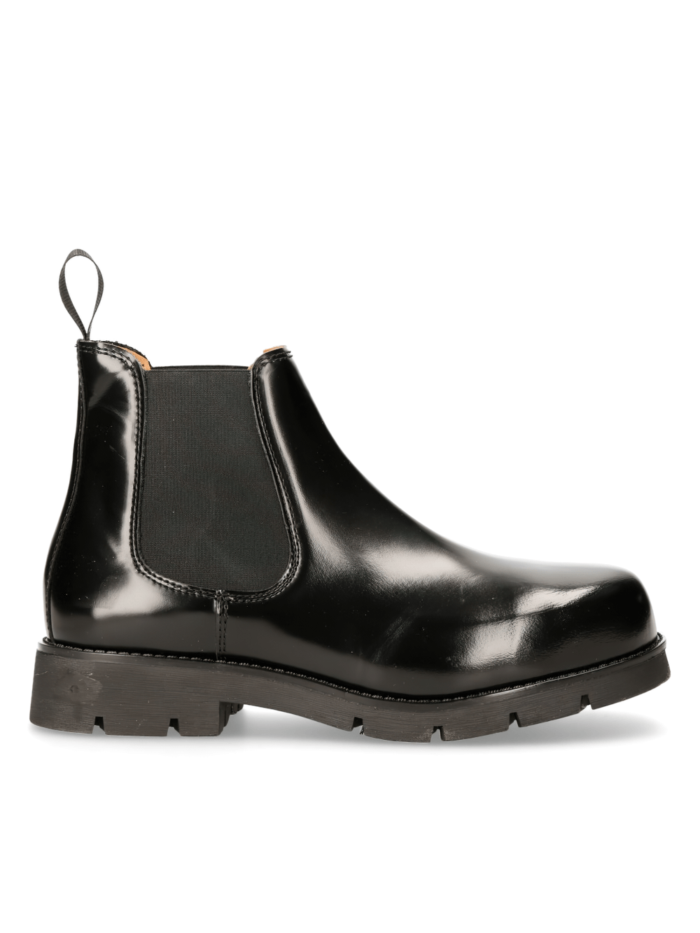 Sleek black leather ankle boots with elastic side panels and chunky sole for stylish comfort.
