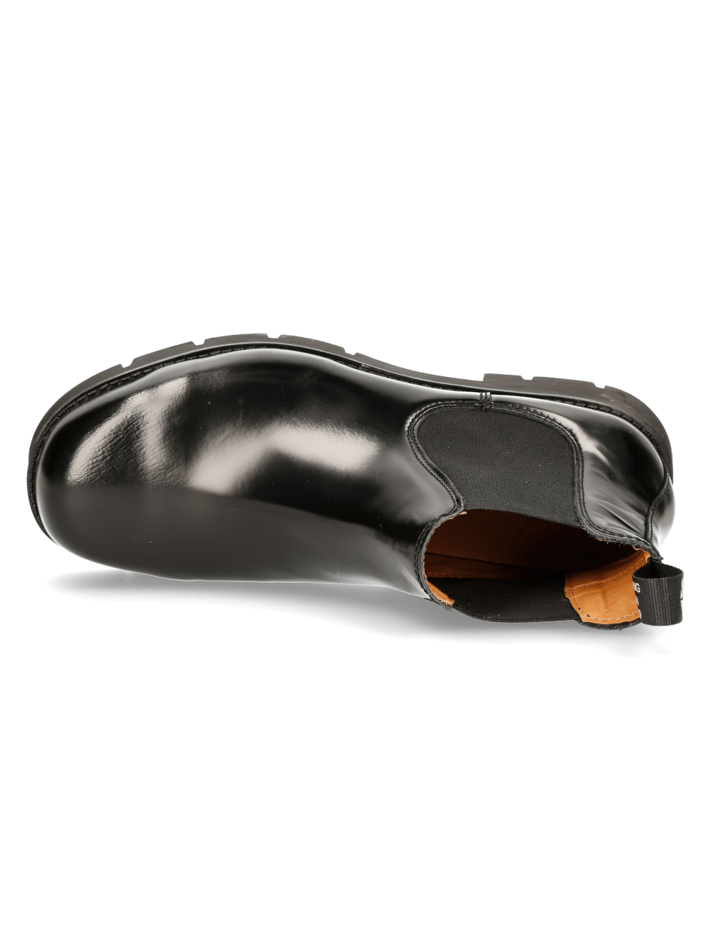 Top view of NEW ROCK black military ankle boots with steel toes and elastic clasps for easy wear.