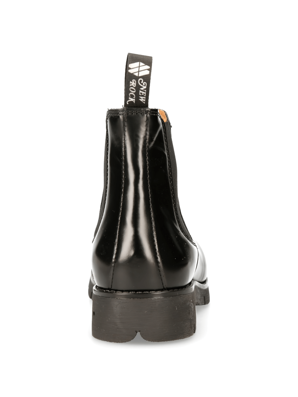 Back view of NEW ROCK sleek black military ankle boots with steel toes, featuring a glossy finish and elastic clasps.