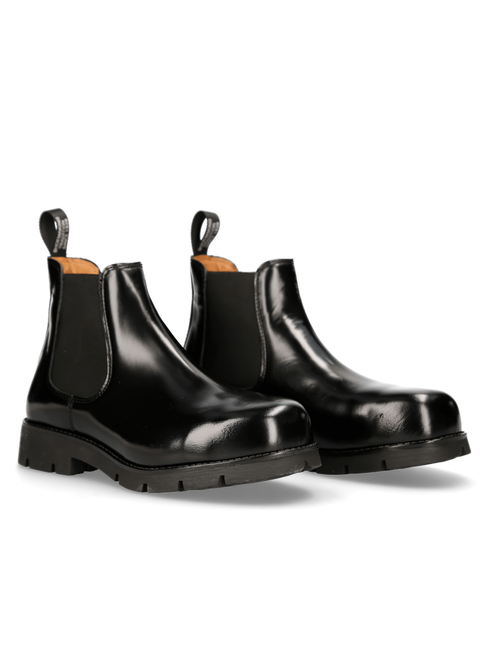 Sleek black military ankle boots with elastic clasps and steel toes for rugged style and comfort.