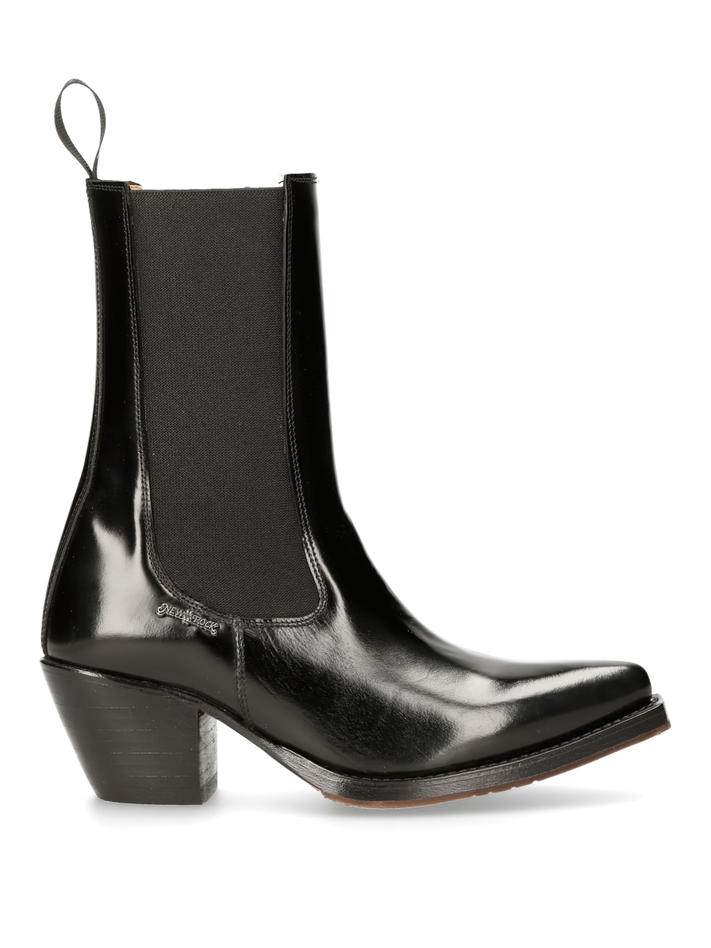 Sleek black zippered cowboy ankle boots for women with a shiny finish and Western-style silhouette.