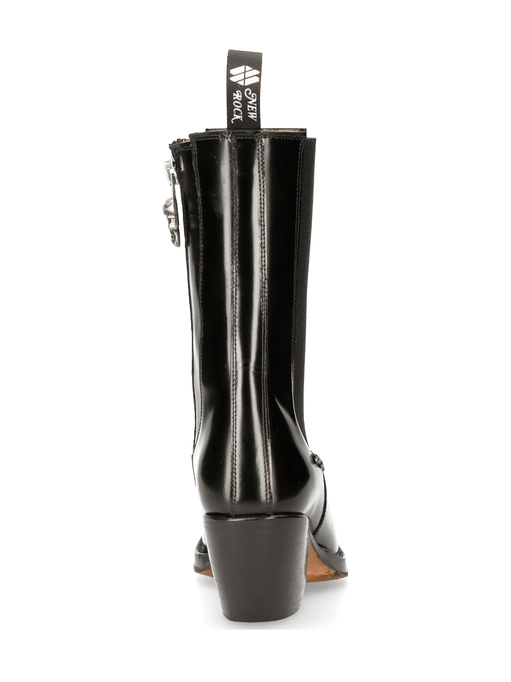 Back view of NEW ROCK sleek black zippered cowboy ankle boots for women, featuring a trendy silhouette and stylish heel.