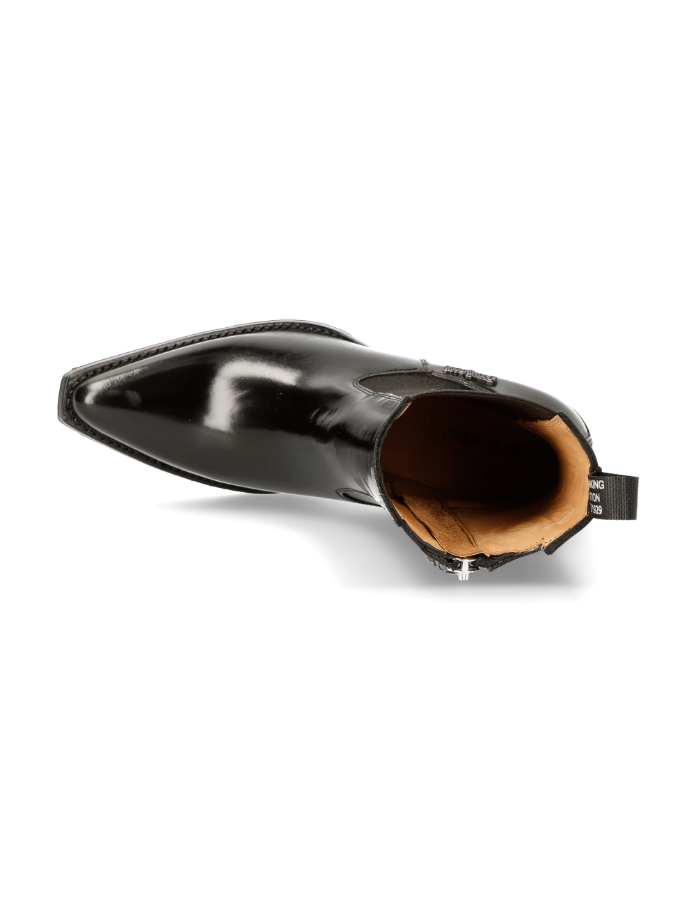 Inside view of NEW ROCK sleek black zippered cowboy ankle boot for women, showcasing its polished genuine leather finish.