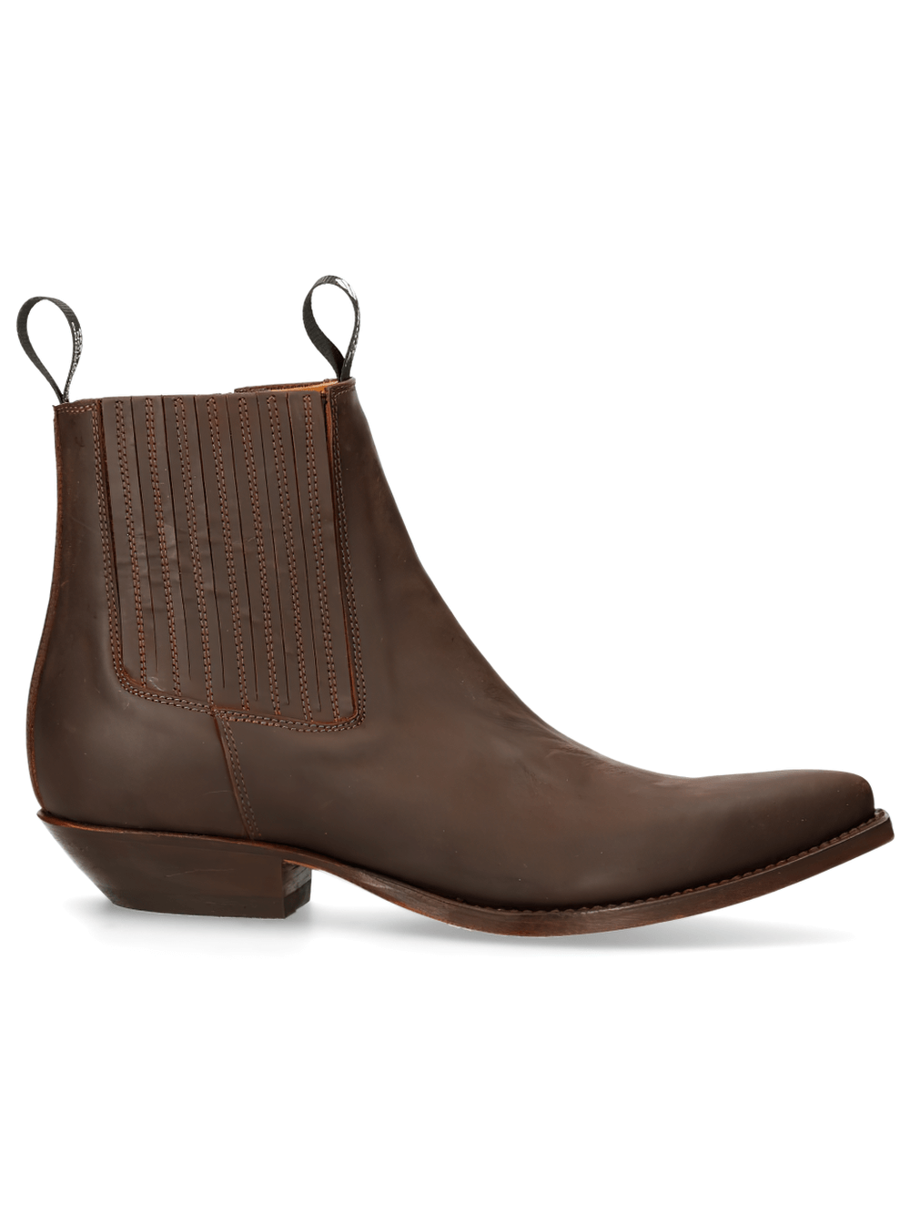Stylish brown leather ankle boots with pull tabs and ribbed detailing, perfect for a chic, modern look.