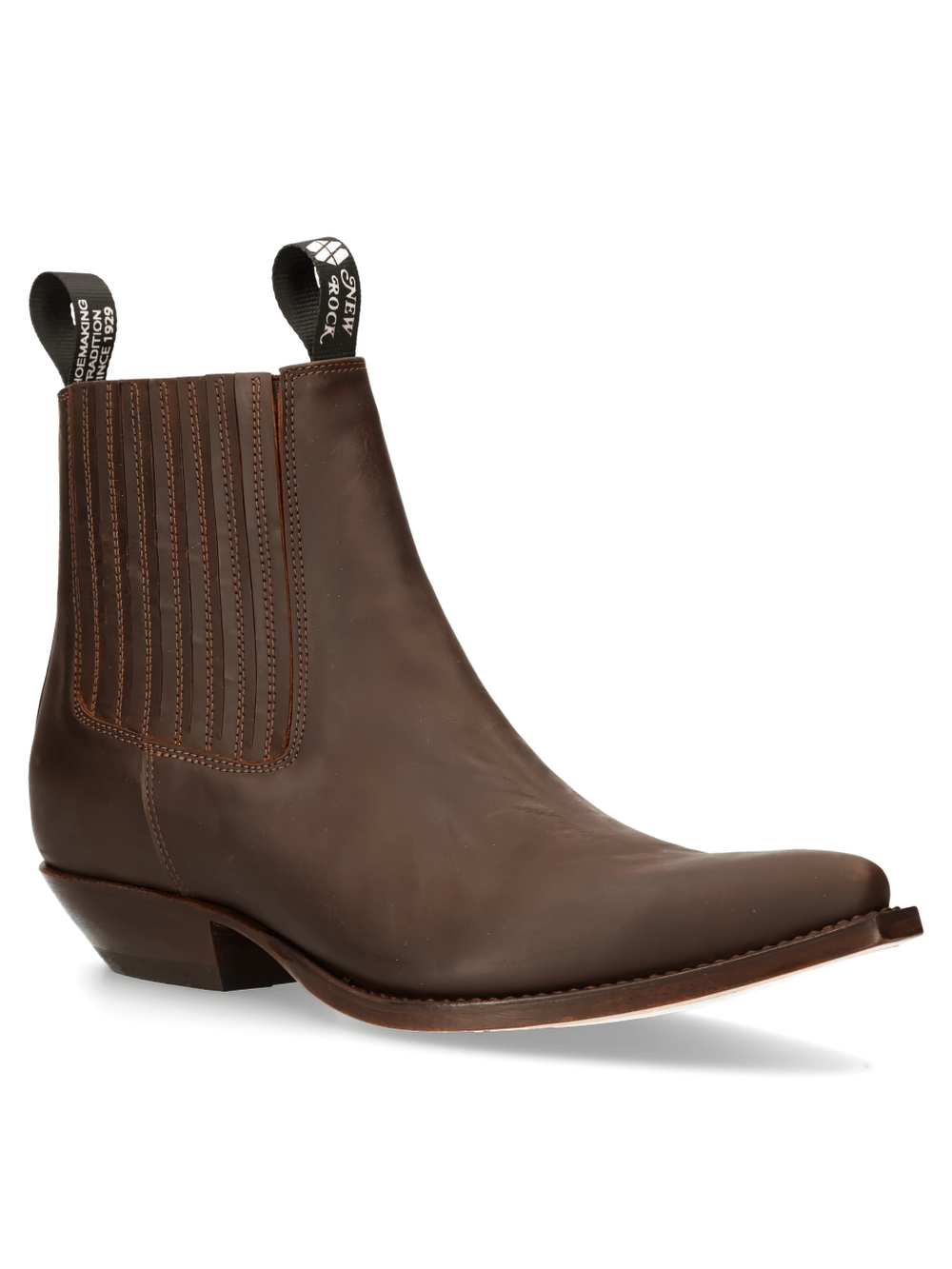Stylish brown leather biker ankle boots for men with zipper and elastic detailing, perfect for a rugged look.