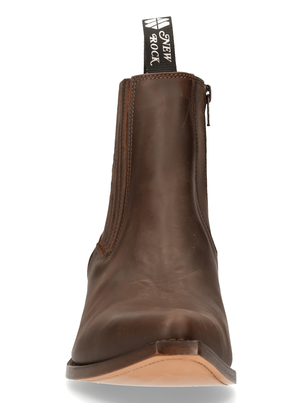 NEW ROCK sleek brown leather biker ankle boots with zip closure, showcasing rugged elegance and Goodyear welt construction.