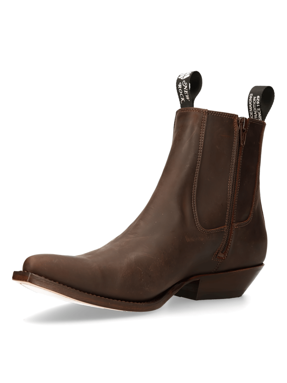 New Rock stylish brown leather biker ankle boots for men with zipper closure and elegant design.