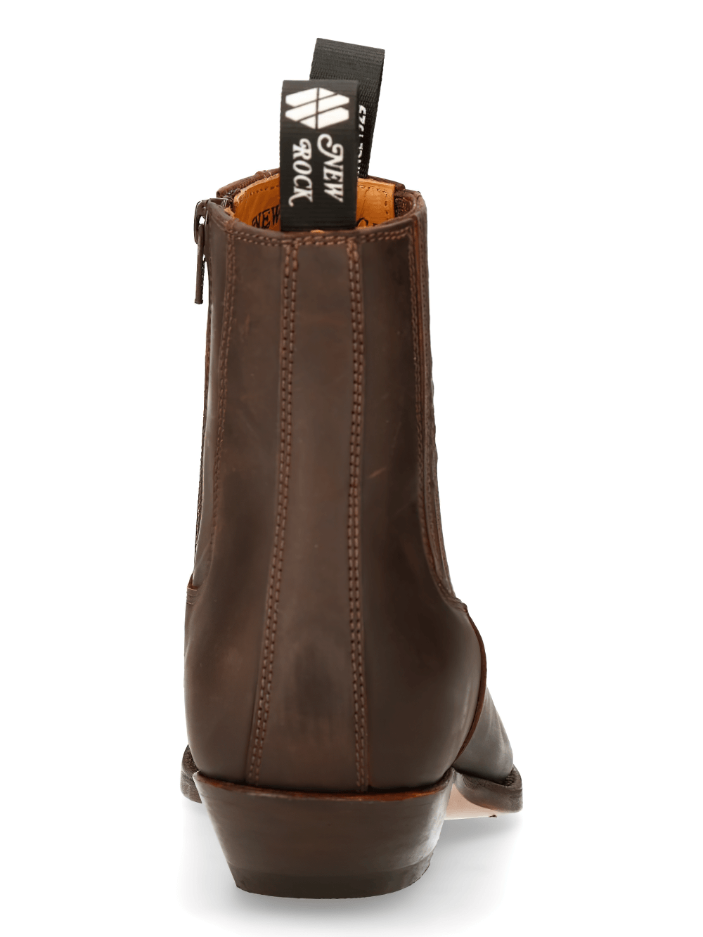 NEW ROCK Brown Leather Biker Ankle Boot back view with zipper and logo, perfect for stylish men.