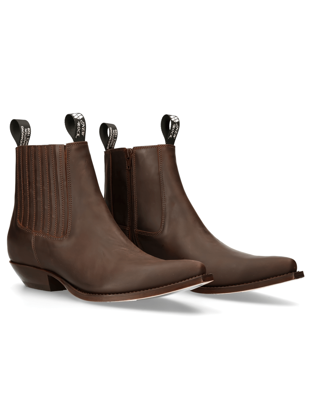 NEW ROCK Elegant Brown Leather Biker Ankle Boots for Men with Zipper and Western Style