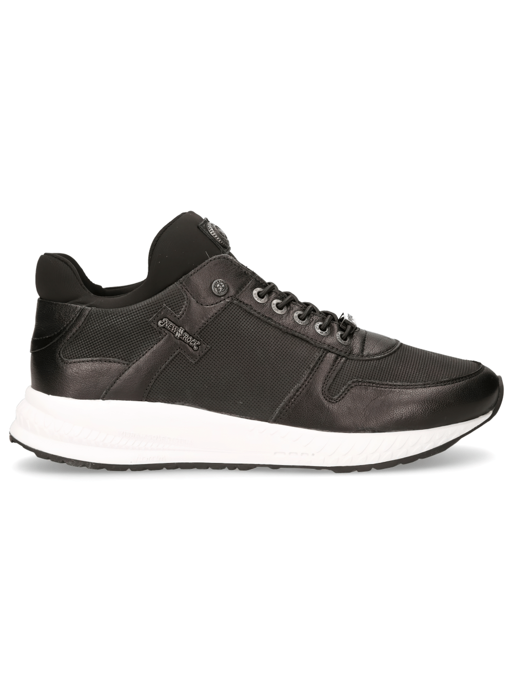 NEW ROCK Men's sleek urban black sports sneakers in leather and lycra, featuring lace-up design and flat heel.