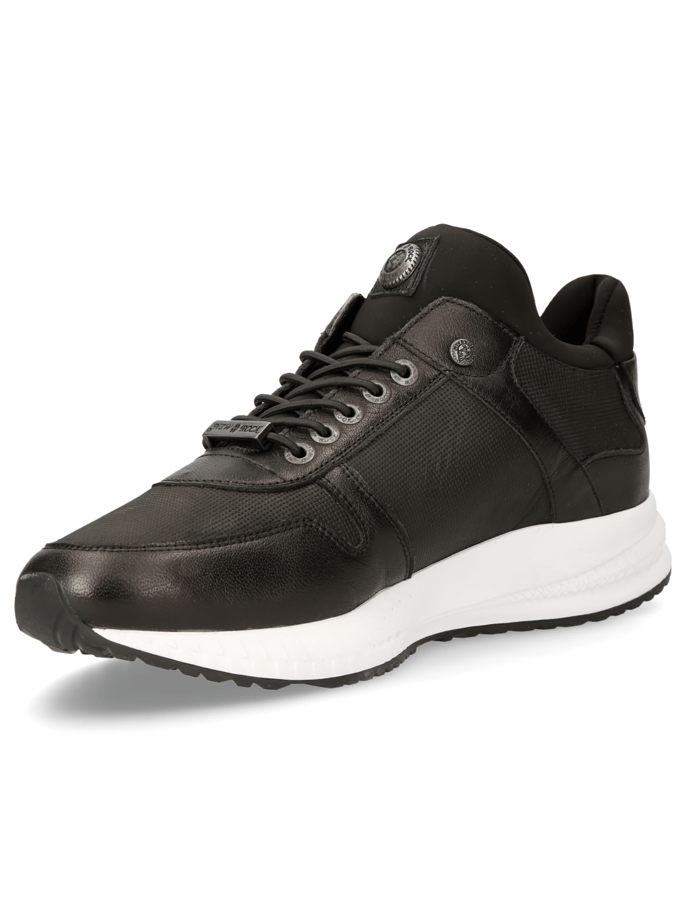 NEW ROCK Men's sleek black leather sports sneakers with lace-up design, perfect for urban casual style.