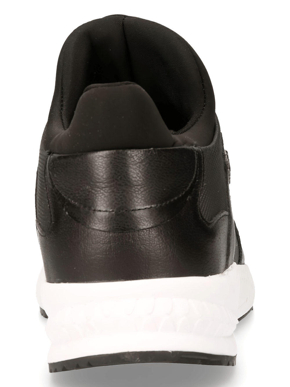 Back view of NEW ROCK men's black leather urban sports sneakers with a sleek design and contrasting white sole.
