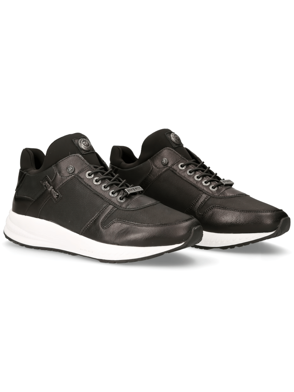 NEW ROCK Men's Sleek Urban Black Sports Sneakers in black leather and lycra with lace-up design for casual style.
