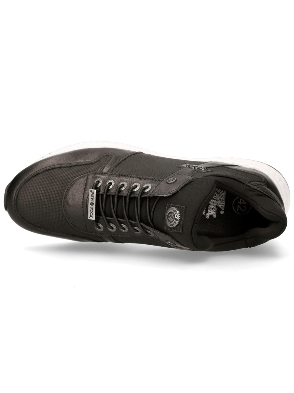 Top view of NEW ROCK Men's sleek urban black sports sneakers with lace-up design and casual style.