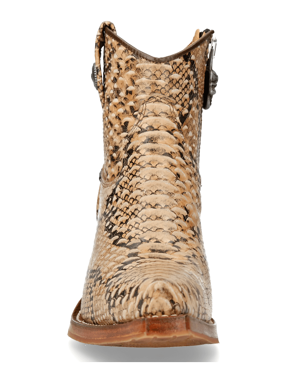 Front view of NEW ROCK Snakeskin Ankle Boots with side zipper, showcasing unique patterns and biker style.