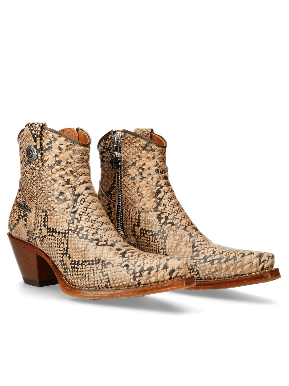 NEW ROCK snakeskin ankle boots with side zipper, perfect for western biker style, crafted from genuine leather.