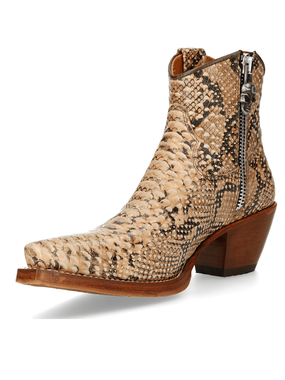 Stylish NEW ROCK snakeskin ankle boots with side zipper, perfect for biker fashion enthusiasts.