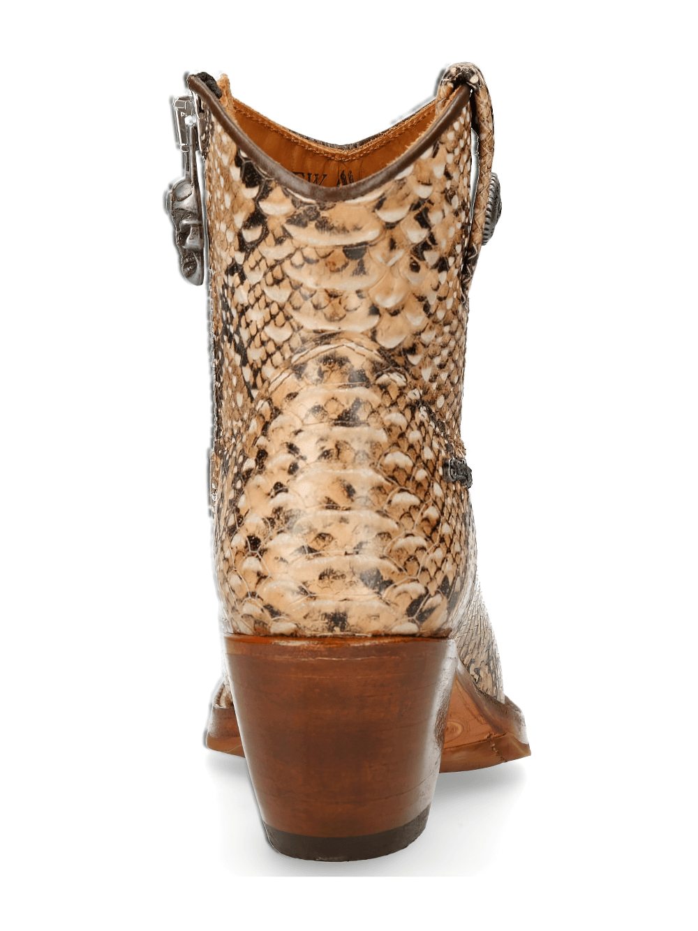 Back view of NEW ROCK snakeskin ankle boots with side zipper, showcasing the genuine leather and classic biker style.