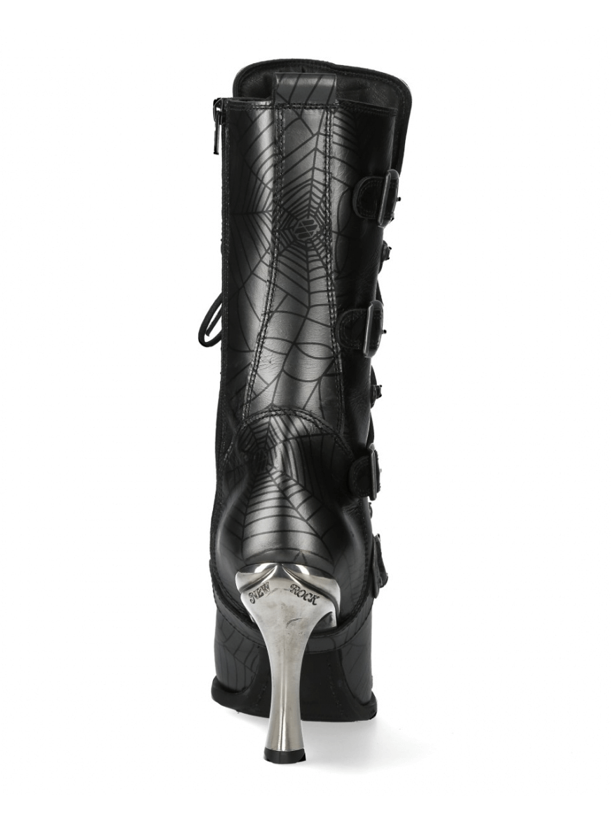 Back view of metallic New Rock Spider Web Buckle Lace-Up Punk Boots with sleek design and unique heel.