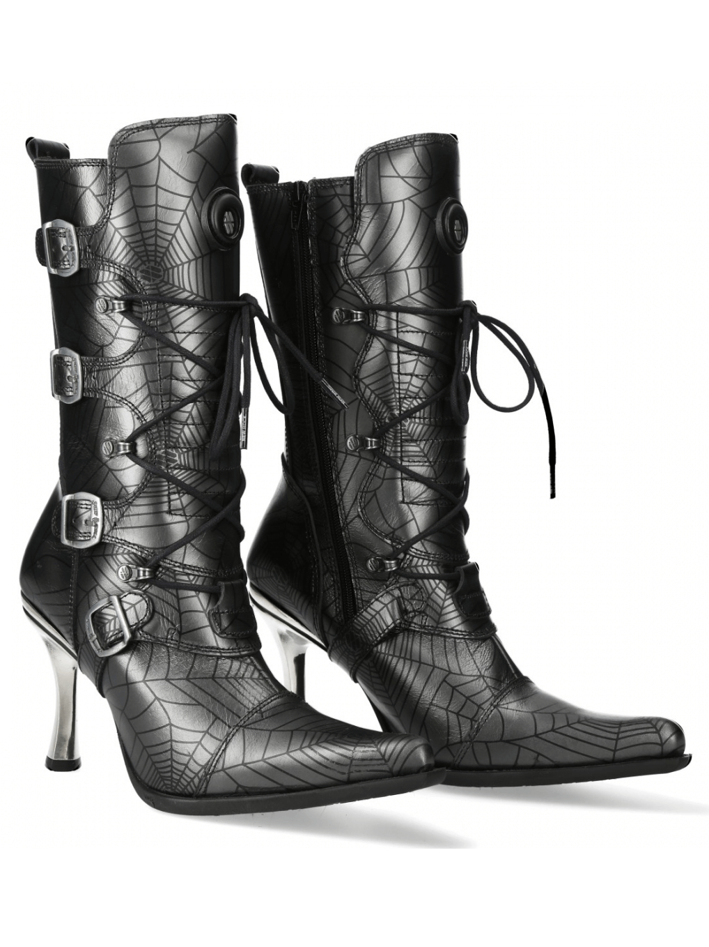 Metallic punk rock boots featuring a spider web design, buckle accents, and chic high heels for a bold statement.