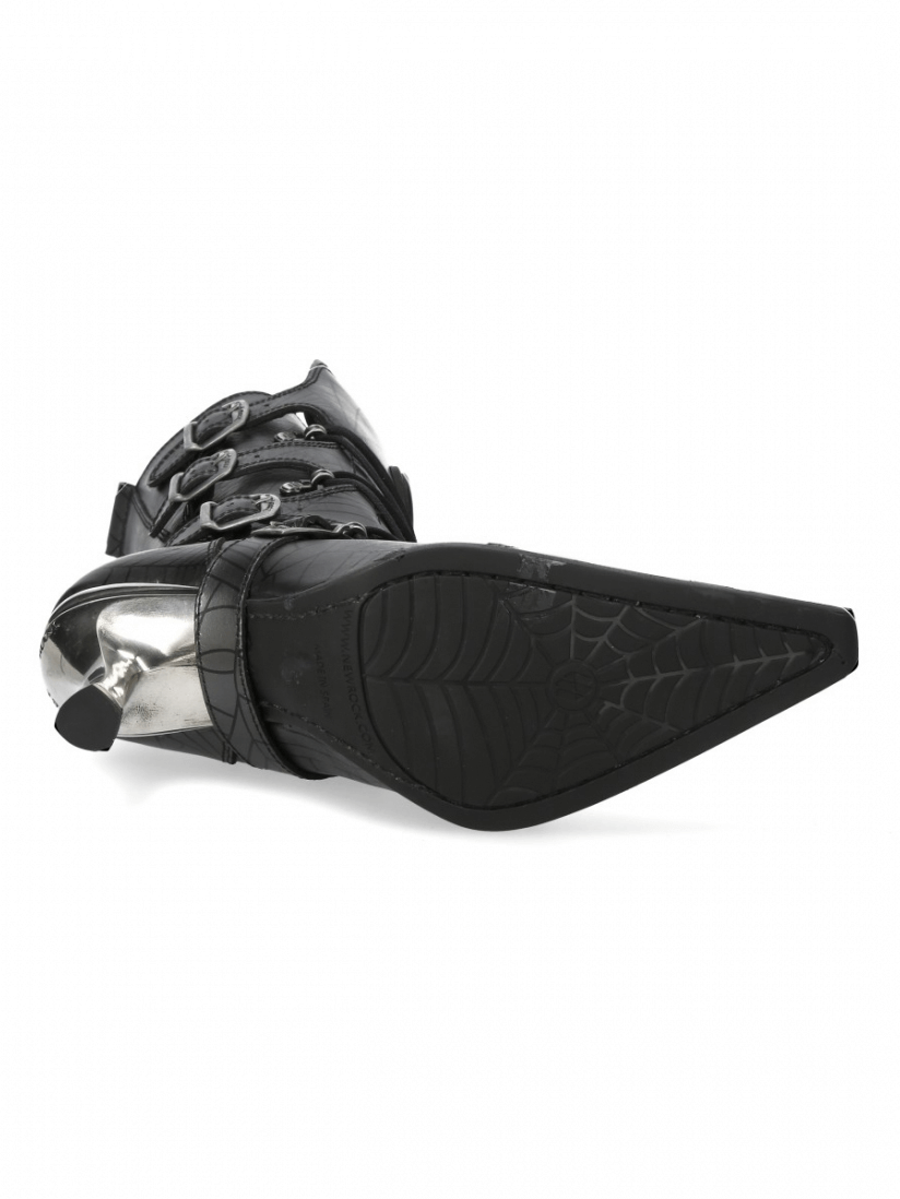 Bottom view of NEW ROCK Spider Web Buckle Lace-Up Punk Boots showcasing metallic sheen and detailed spider web design.