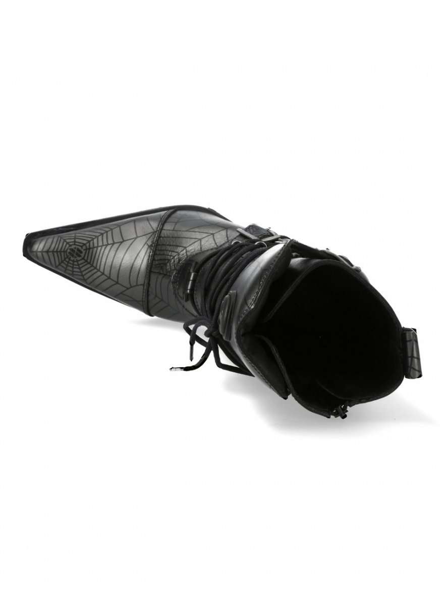 Newrock Spider Web Buckle Lace-Up Punk Boots with metallic sheen and edgy design, showcasing durable TPU soles.