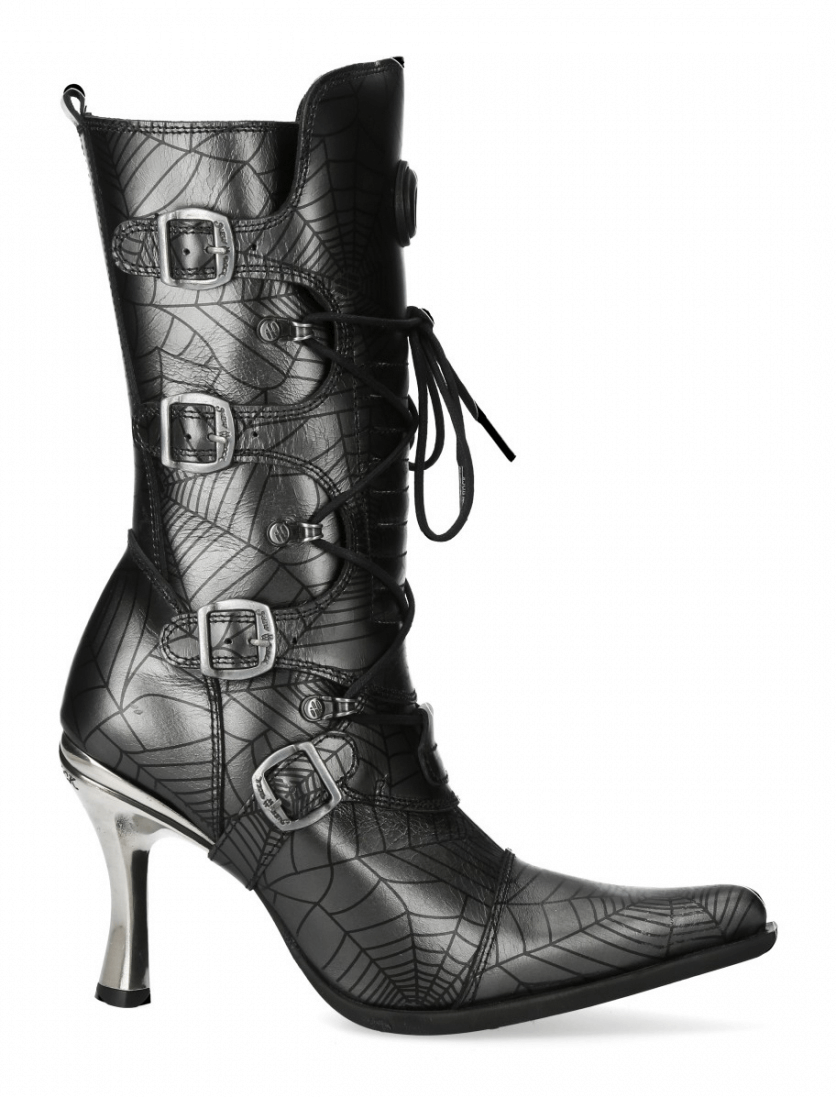 NEW ROCK Spider Web Buckle Lace-Up Punk Boots with metallic sheen and stylish heel, perfect for edgy urban outfits.