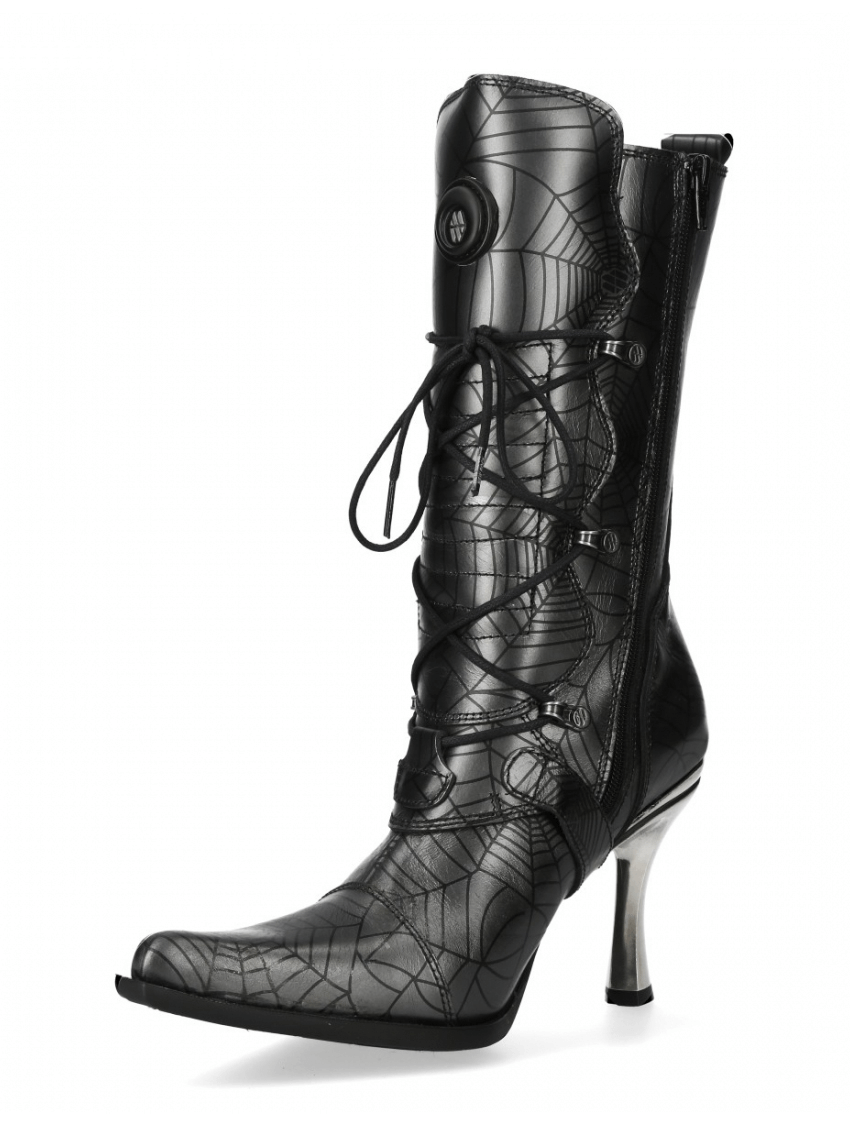 New Rock spider web buckle lace-up punk boots with metallic sheen and a stylish high heel.