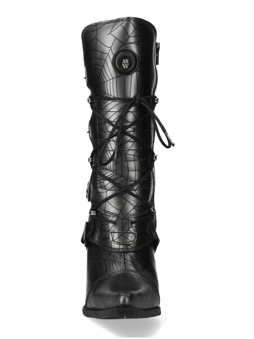 New Rock spider web buckle lace-up punk boots with metallic sheen in black, showcasing edgy design and stylish details.