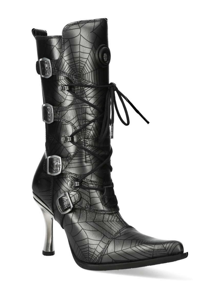 Edgy metallic spider web buckle lace-up punk boots with a stylish heel, perfect for urban outfits.