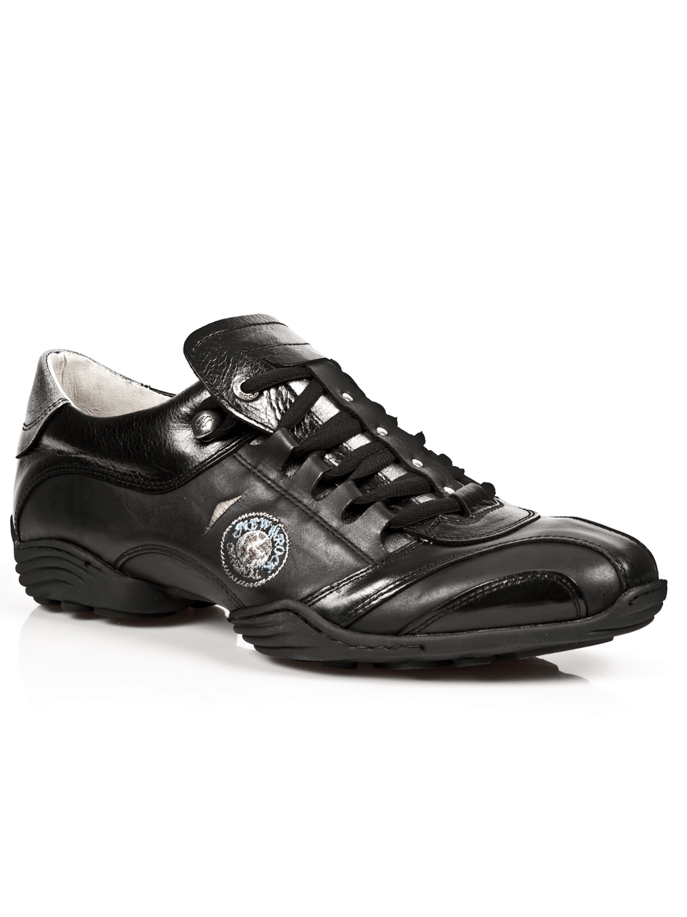 Stylish black urban sneakers made from genuine cow leather with lace-up design and logo detail.