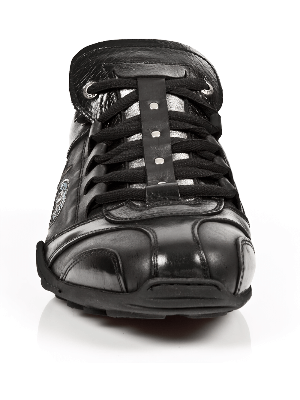 Front view of NEW ROCK Steel Black Urban Sneakers featuring sleek design and durable cow leather for urban styling.