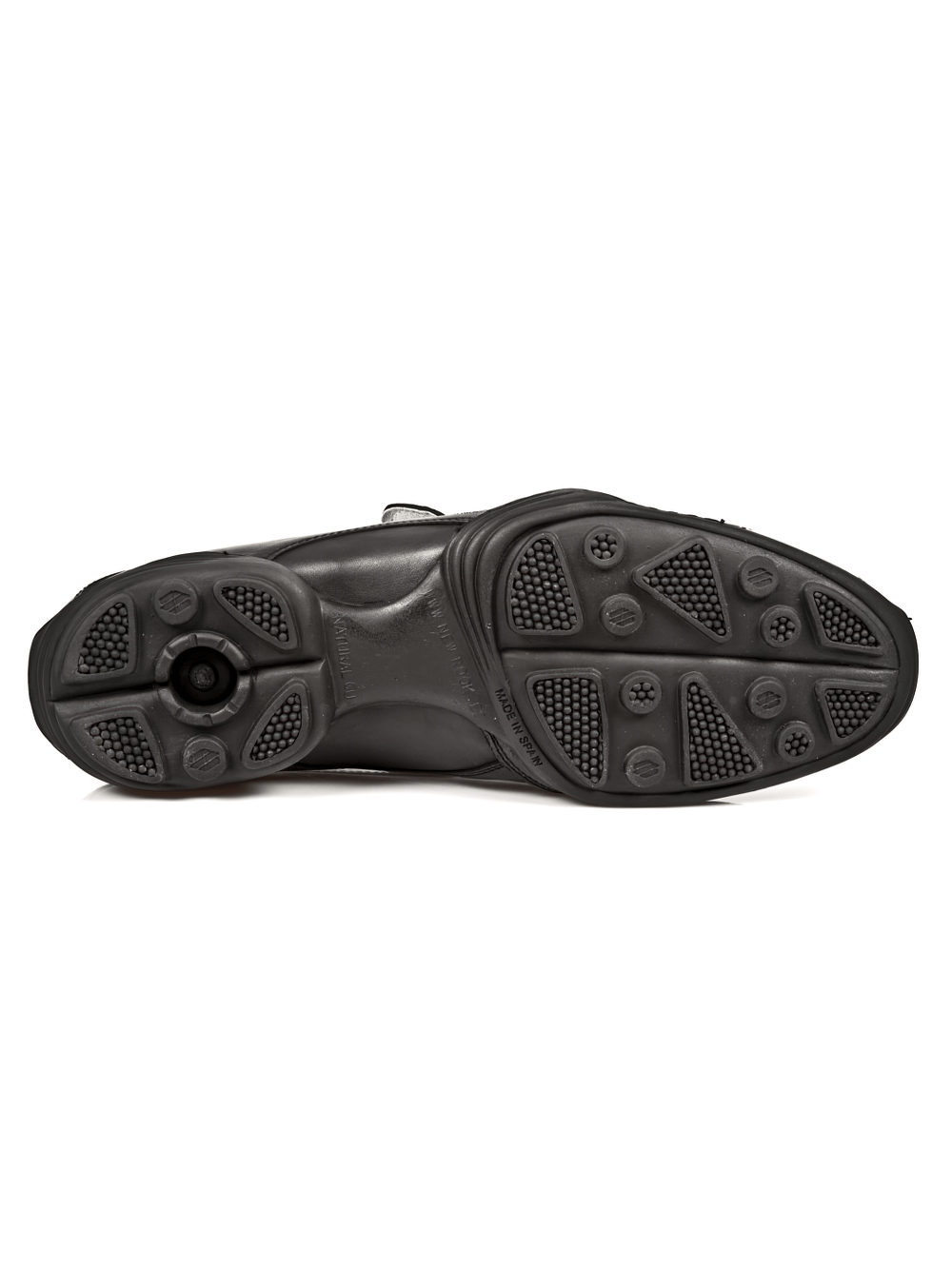 Underside view of NEW ROCK Steel Black Urban Sneakers showcasing natural rubber sole and grip features.