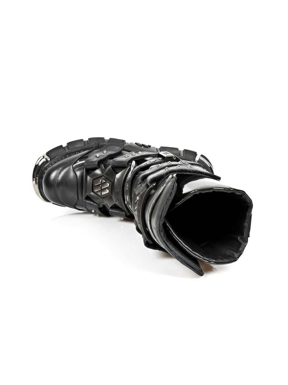 NEW ROCK Men's Gothic Buckle Boots showcasing a punk rock design in metallic black leather.