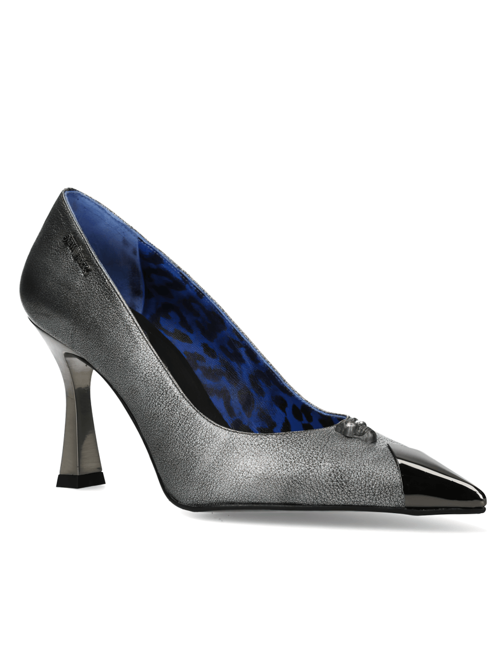 Steel gray stiletto pumps with gothic design and edgy details, featuring a pointed toe and stylish blue leopard print interior.