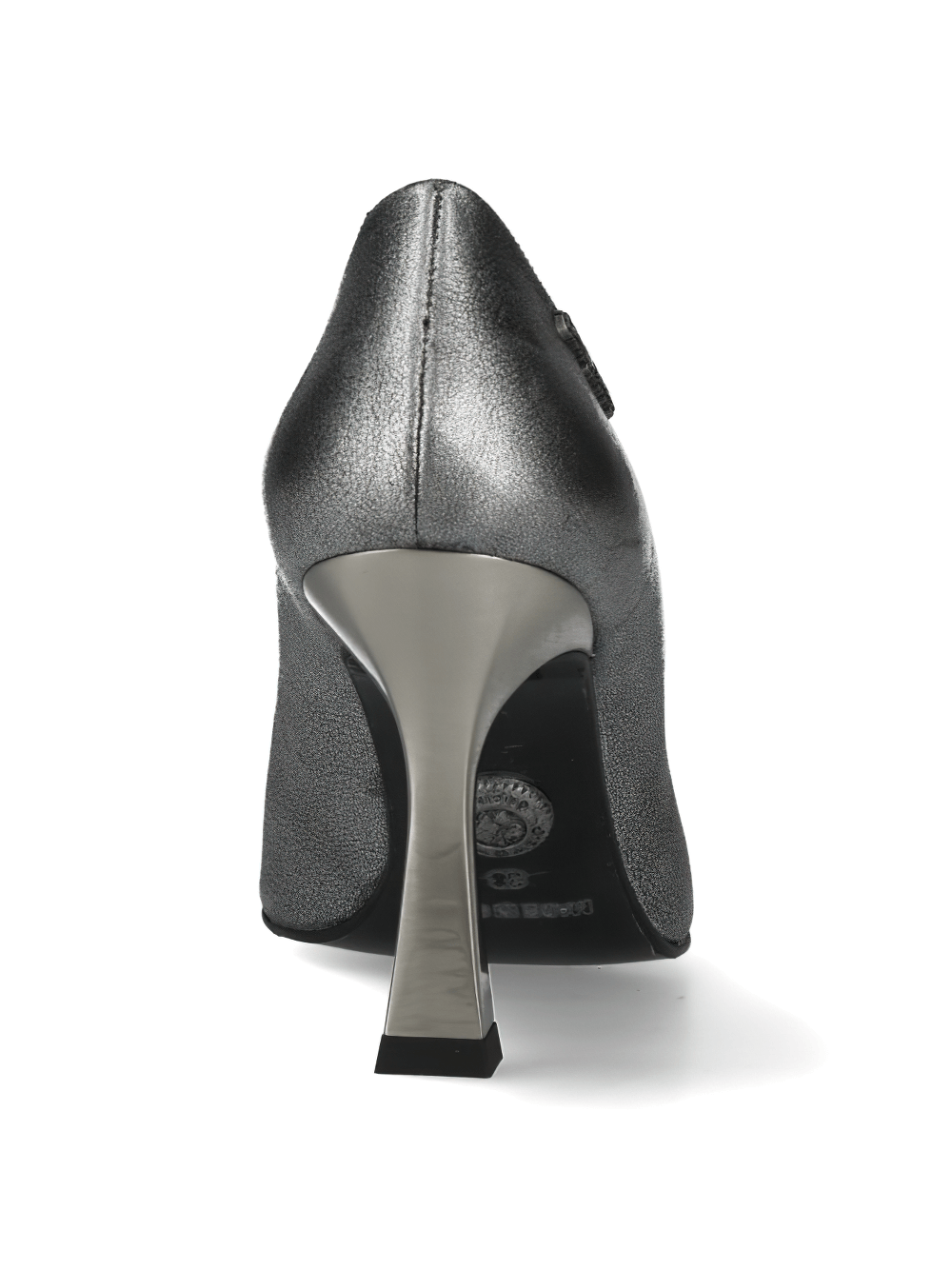 Back view of NEW ROCK steel gray stiletto pumps featuring a sleek design and shiny metallic heel. Perfect for a bold, edgy look.