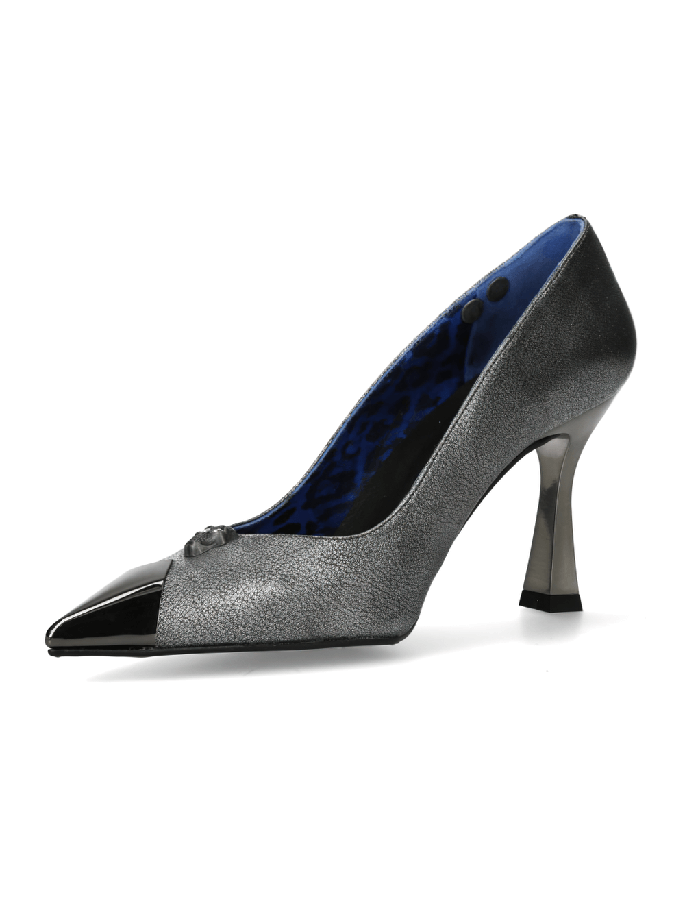 Steel gray stiletto pumps with gothic and punk style, featuring a pointed toe and stylish buckle closure.