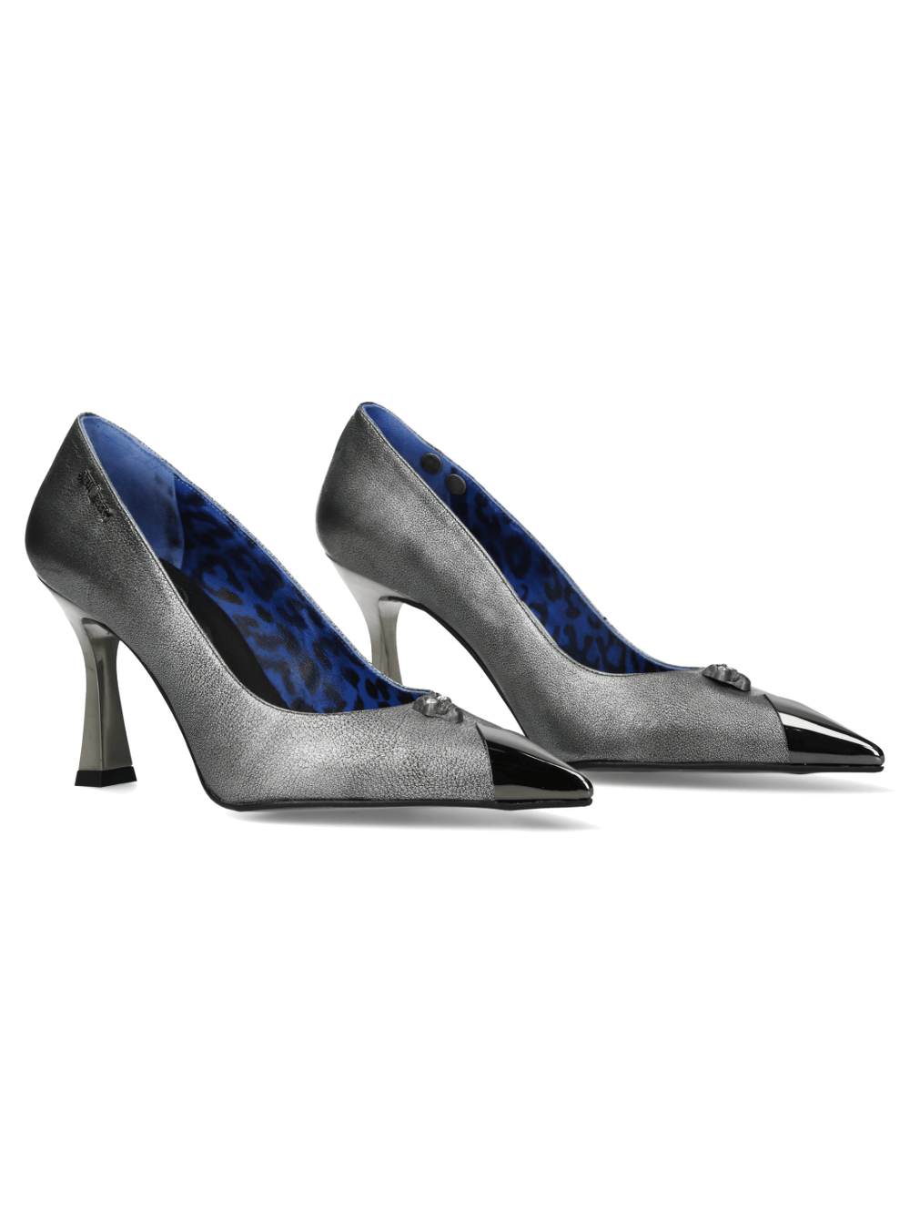 Steel gray stiletto pumps with gothic punk flair, featuring pointed toes and an edgy design. Perfect for bold fashionistas!